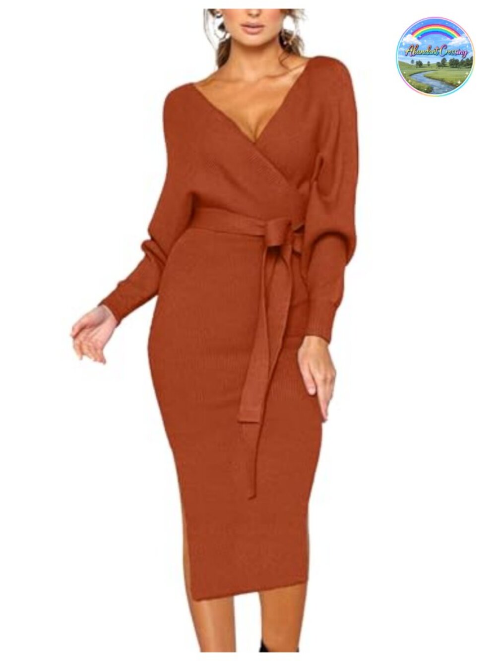 Sweater Dress V Neck Batwing Long Sleeve Midi Bodycon Belted
